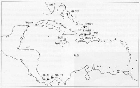 Fig.２　INAが調査中の15～16世紀カリブ海海域の沈没船分布図